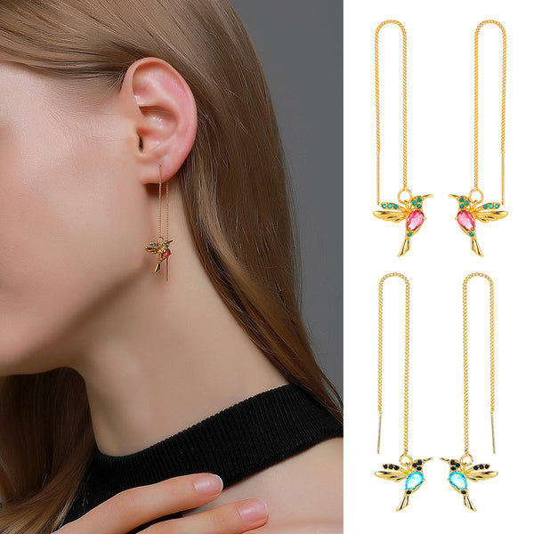 Elegant Hummingbird Drop Earrings for Women – Crystal Tassel Hanging Jewelry, Unique Long Dangle Design