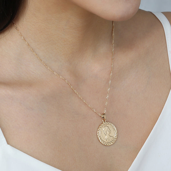 Round Coin Pendant Necklace | Elegant Portrait Coin Layered Necklace | Minimalist Gold Metal Pendant for Women