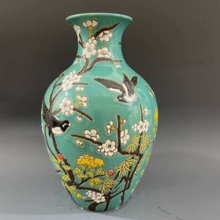 Artisan Ceramic Relief Vase | Warm Glazed Oriental Flower Bird Pattern Decorative Vase for Living Room & Home Decor