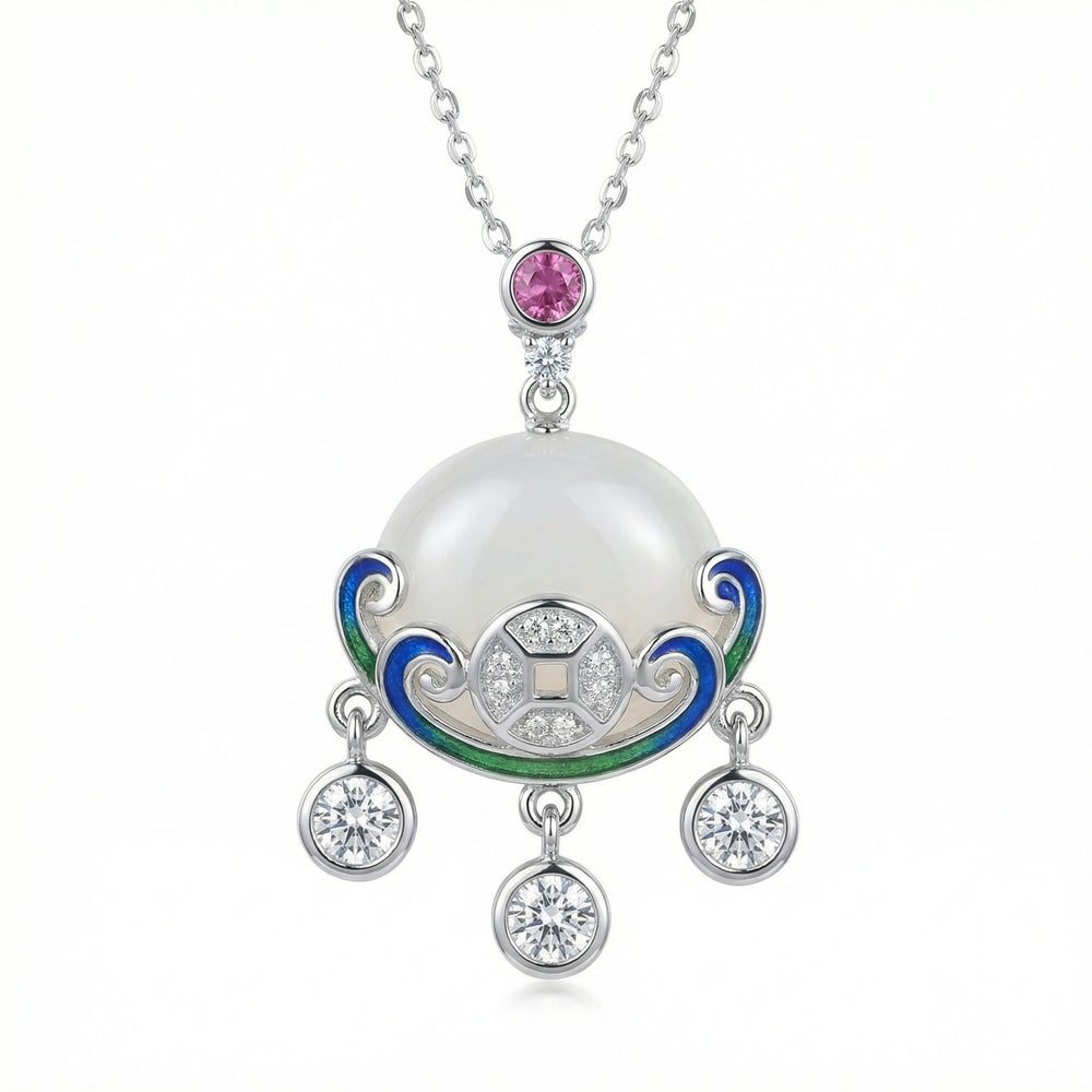 925 Sterling Silver Oriental Pendant Necklace | White Jade & Blue Enamel Accents | Traditional Asian Design for Women