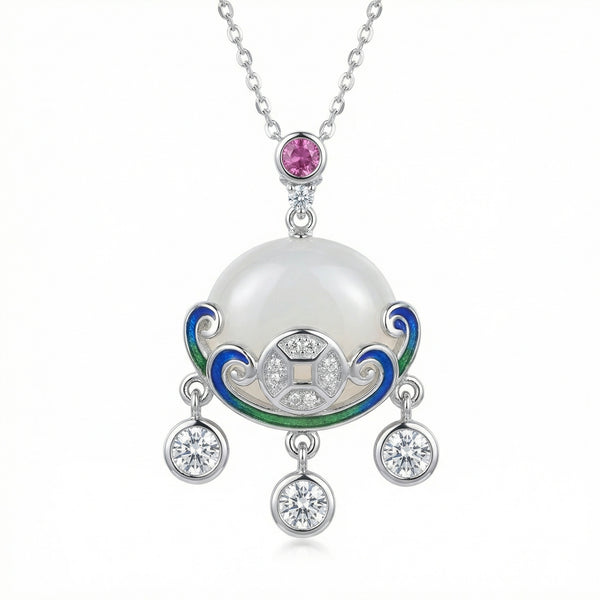 925 Sterling Silver Oriental Pendant Necklace | White Jade & Blue Enamel Accents | Traditional Asian Design for Women