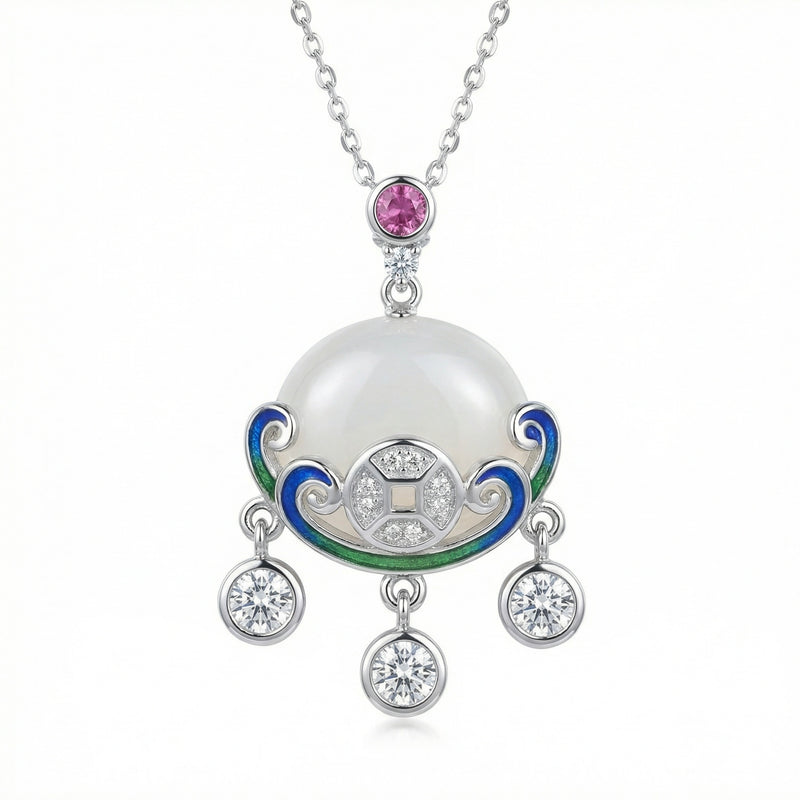 925 Sterling Silver Oriental pendant necklace featuring white jade stone with blue enamel inlay in traditional Eastern design on elegant chain