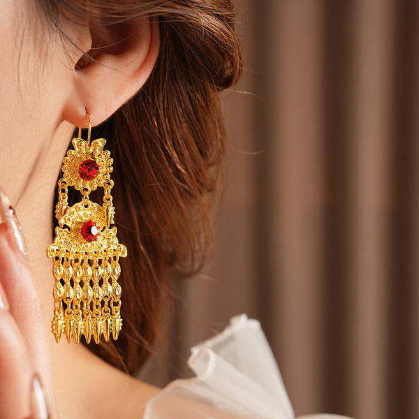 Luxury Vintage Chinese Tassel Earrings Women Red Rhinestone Long Dangle S925 Sterling Silver Hanfu Wedding Jewelry