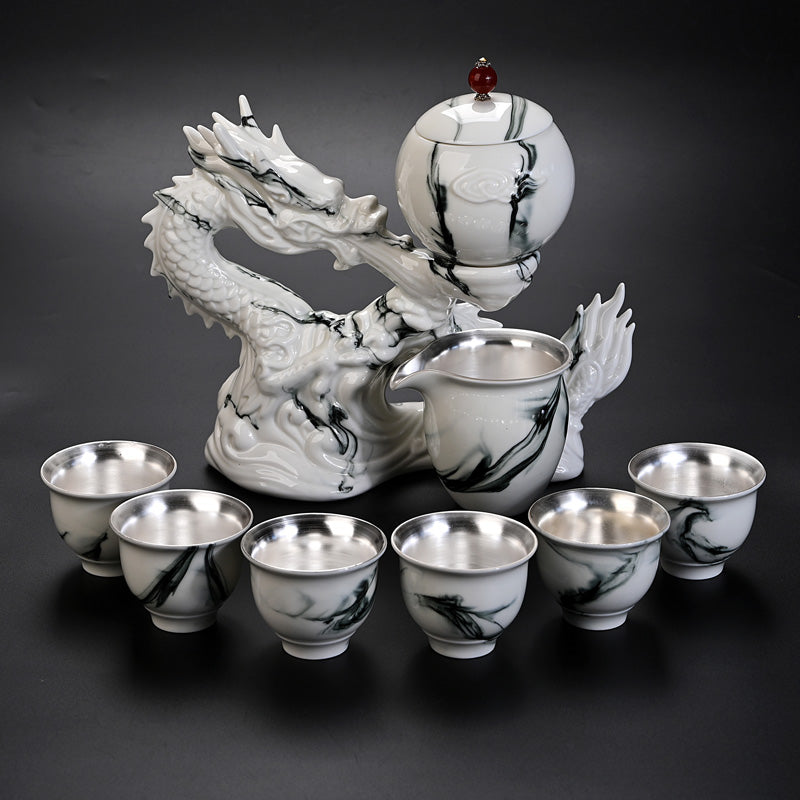 Luxury Gilt-Silver Chinese Tea Set with Porcelain Dragon Design - Handcrafted Zen Tea Maker for Modern Connoisseurs