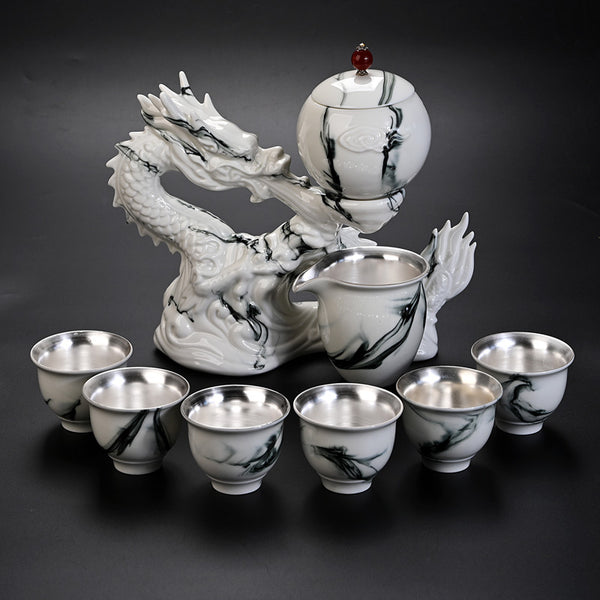 Luxury Gilt-Silver Chinese Tea Set with Porcelain Dragon Design - Handcrafted Zen Tea Maker for Modern Connoisseurs
