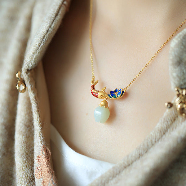 Koi Lotus Jade Pendant Necklace | Artisan Enamel & Nephrite Jade Asian-Inspired Statement Jewelry