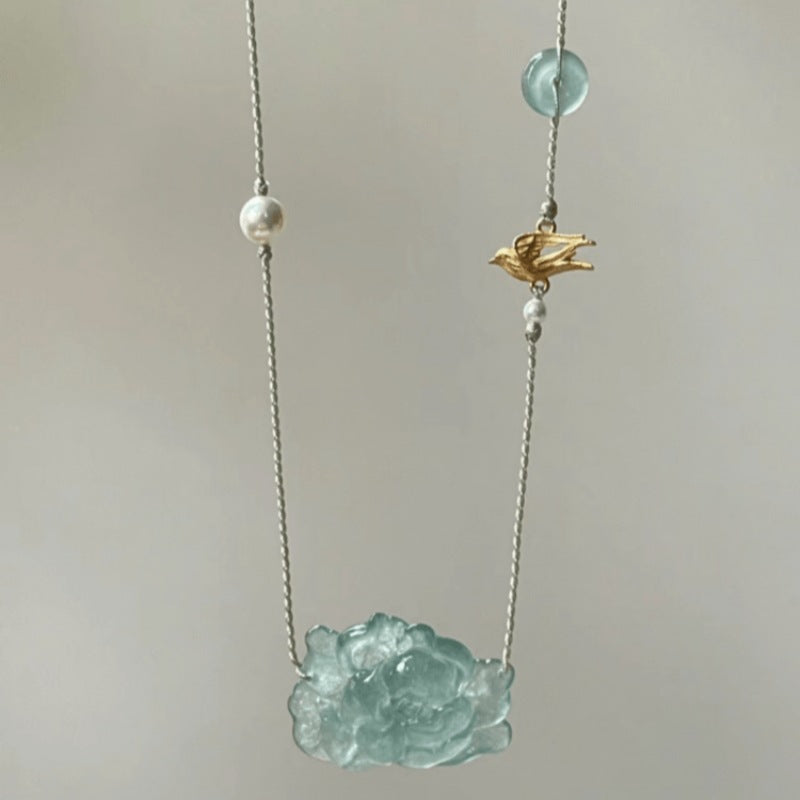 Hand-Carved Natural Jade Pendant with Pearl and Gold Bird Charm | Eastern Zen Aesthetics | Meditation Room & Tea Ceremony Decor | Artisan Chinese Jewelry