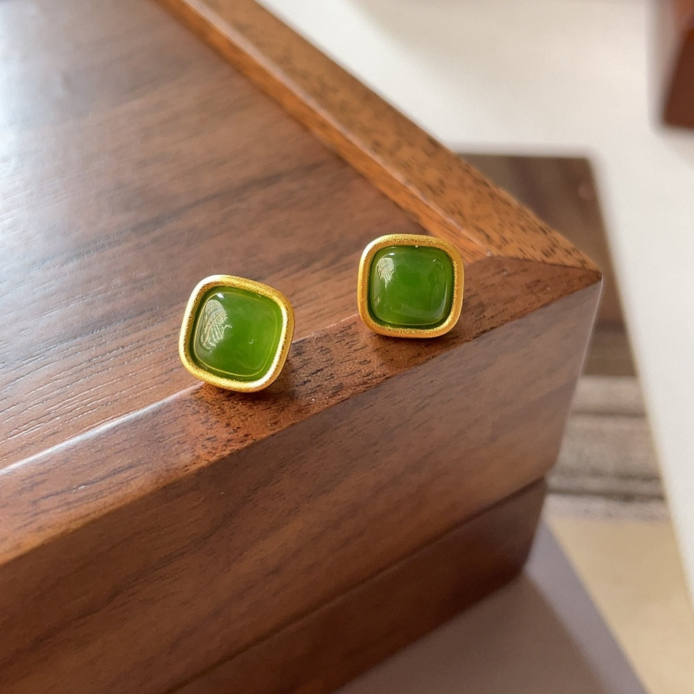 Natural Hotan Jade Square Earrings | Zen-Inspired Eastern Meditation & Tea Ceremony Jewelry 2026