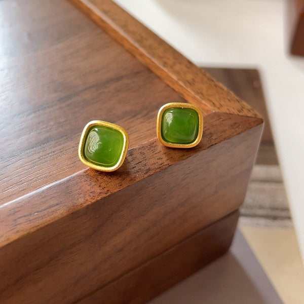 Natural Hotan Jade Square Earrings | Zen-Inspired Eastern Meditation & Tea Ceremony Jewelry 2026