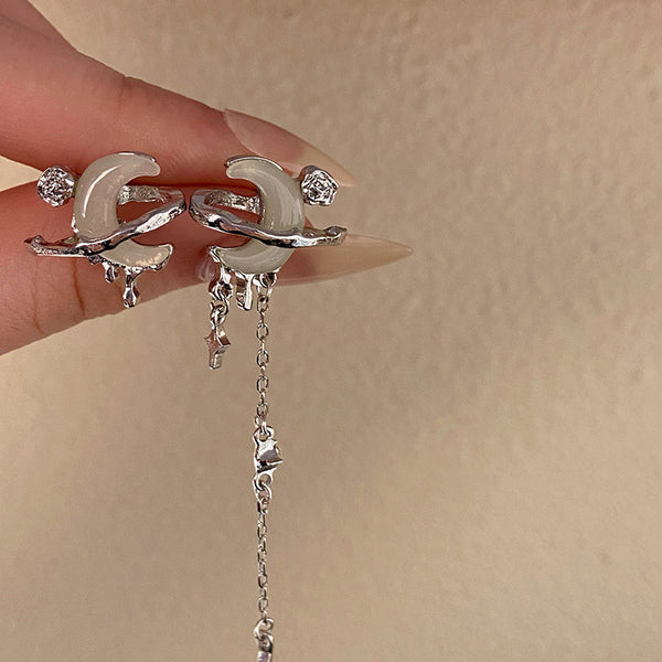 Elegant Chinese Style Asymmetric Moon Tassel Drop Earrings - Artisan Bohemian Statement Jewelry