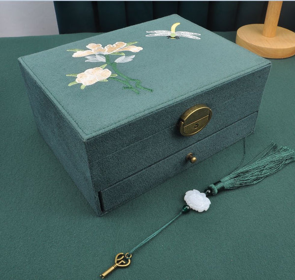 Chinese Style Embroidered Flannel Jewelry Box - Antique Zen Storage Organizer with Jade Pendant
