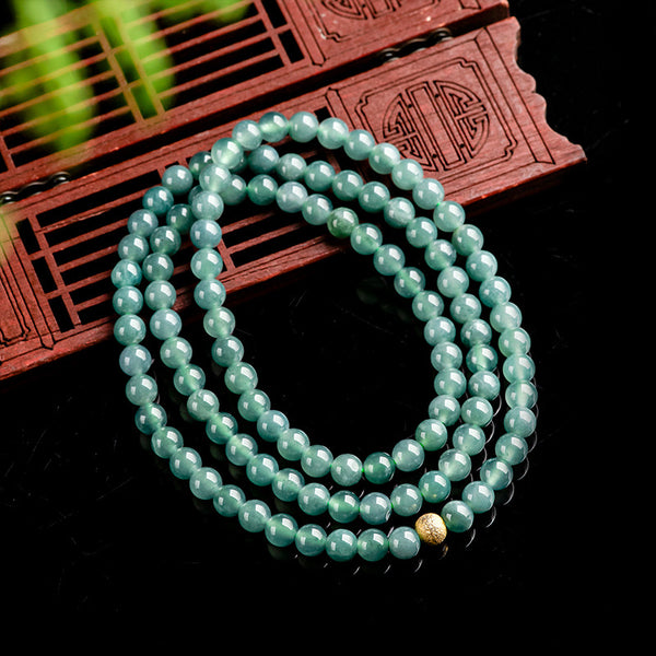 Natural Jadeite Blue Water Jade 6mm Bead Necklace with Chinese Carved Wooden Display Stand - Zen Meditation Ornament - Eastern Aesthetics