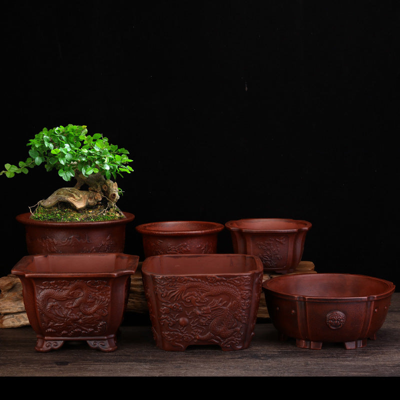Handcrafted Yixing Zisha Purple Sand Flowerpot with Dragon Motif — Elegant Zen Desktop Decoration for Modern Minimalist Spaces
