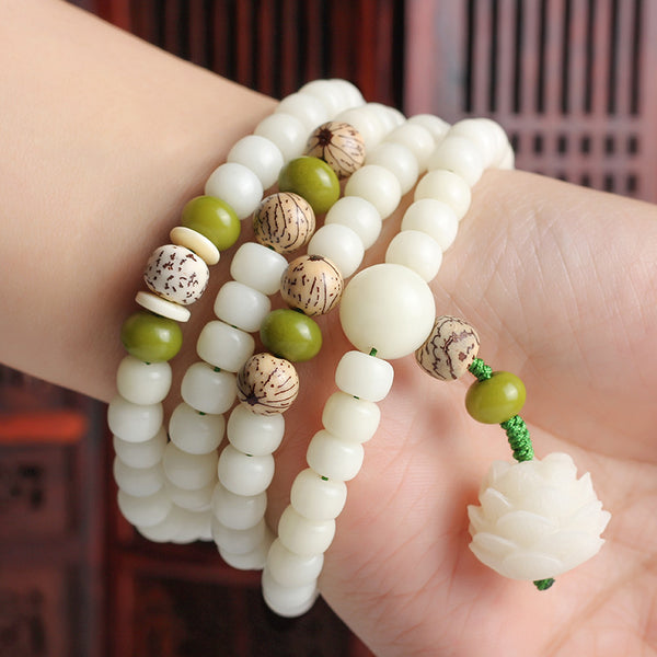 White Jade Bodhi Bracelet for Women | Zen Lotus Meditation Bracelet | Handcrafted Eastern Aesthetics Jade Beads