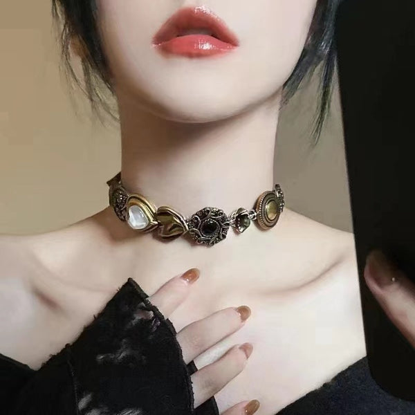 Chinese Punk Titanium Steel Vintage Brass Button Collar Necklace | Unisex Statement Chain Accessory
