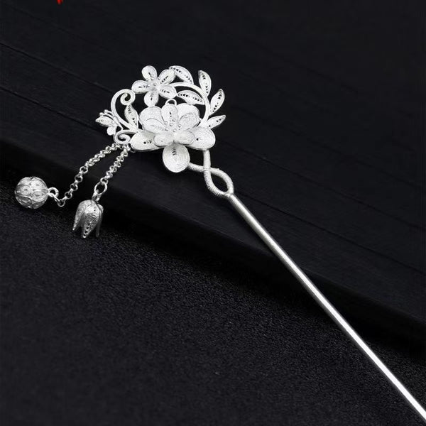 925 Sterling Silver Chinese Flower Butterfly Tassel Hairpin - Women's Elegant Hair Accessory