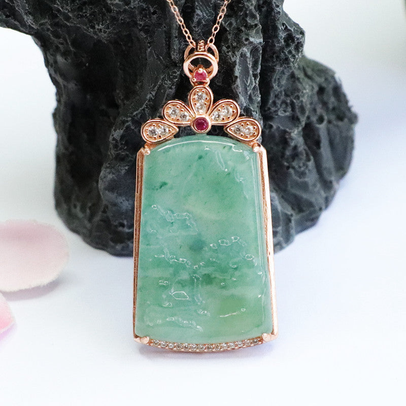 Natural Jade Pendant Necklace — Silver Inlay Rose Gold Setting
