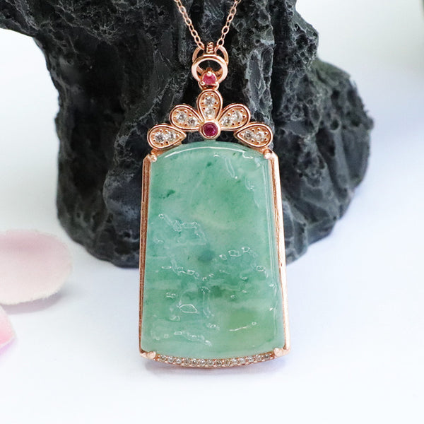 Natural Jade Pendant Necklace | Silver Inlay Rose Gold Setting | Zen Meditation Decor | Handcrafted Asian Art Piece