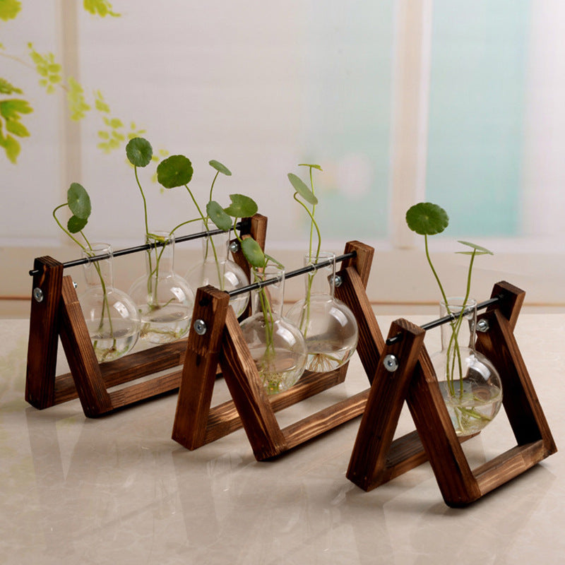 Zen Bamboo Wooden Stand Hydroponic Plant Vase - Minimalist Glass Container for Meditation Room, Home Office & Study Sanctuary Decor