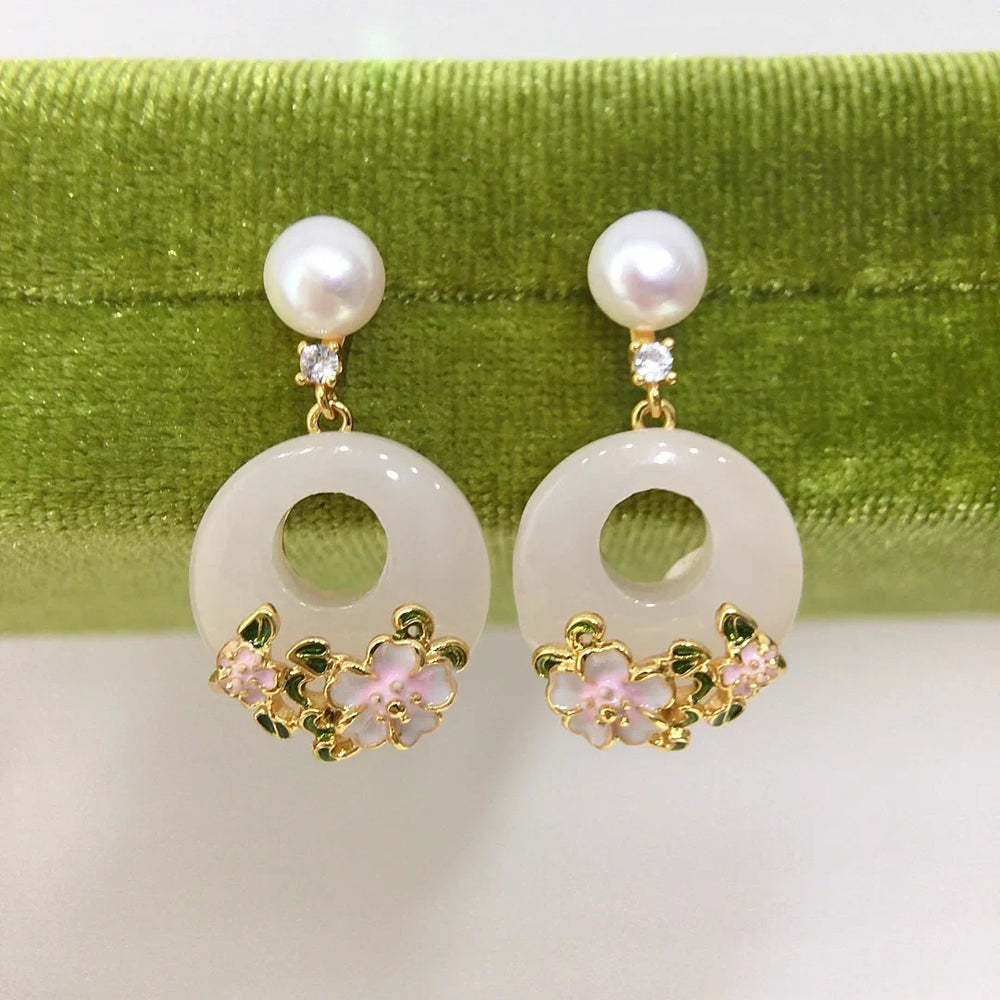 New Chinese Style White Jade Flower Drop Earrings - S925 Silver Needle
