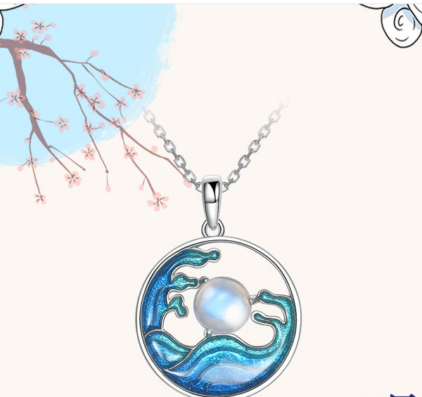 Celestial Sea & Moon Sterling Silver Pendant Necklace | Artisan Eastern-Inspired Women's Jewelry