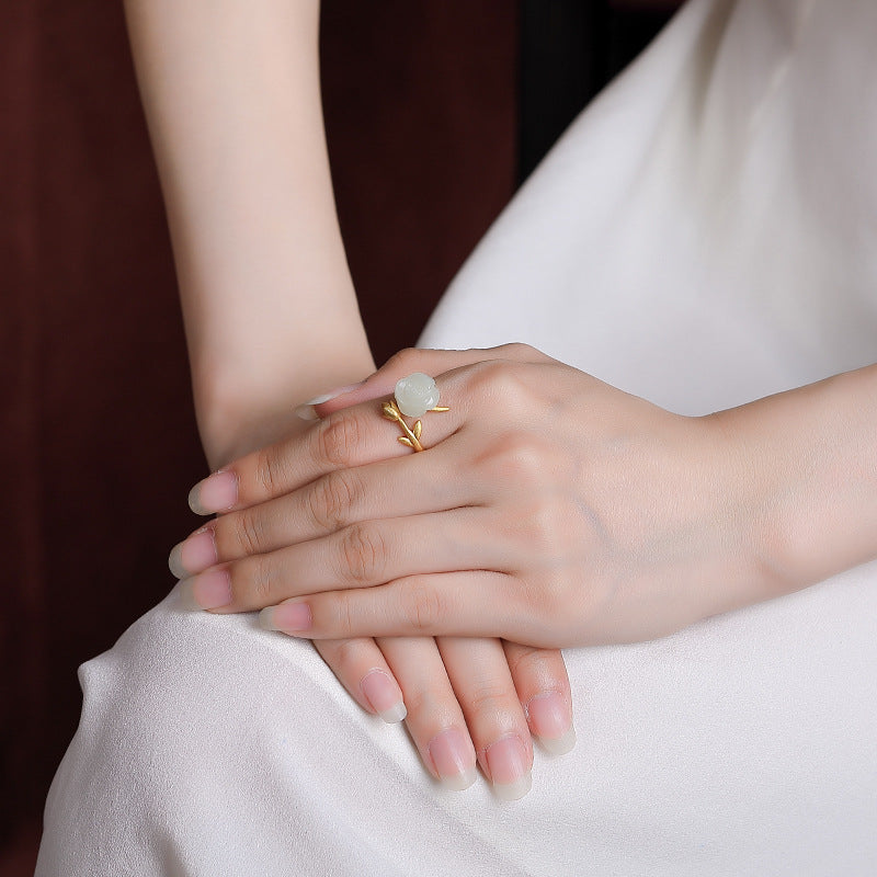 Natural Hetian Jade Qingyu Ring - Authentic Chinese Jade Ring with Artisanal Metal Branch Accents