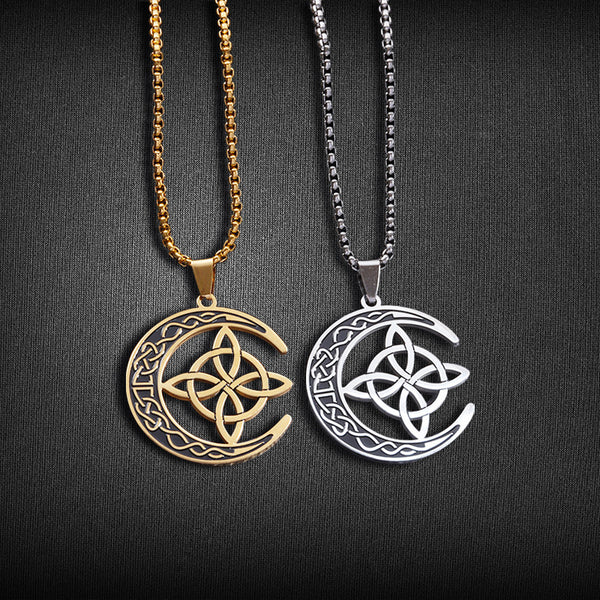 Elegant Nordic Viking Stainless Steel Chinese Knot Moon Pendant Necklace – Timeless Symbol of Strength and Harmony