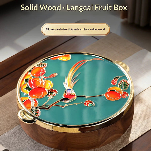 Zen Elegance Chinese Enamel Nightstand Nut Box - Hand-Painted Solid Wood Organizer with Traditional Eastern Auspicious Patterns