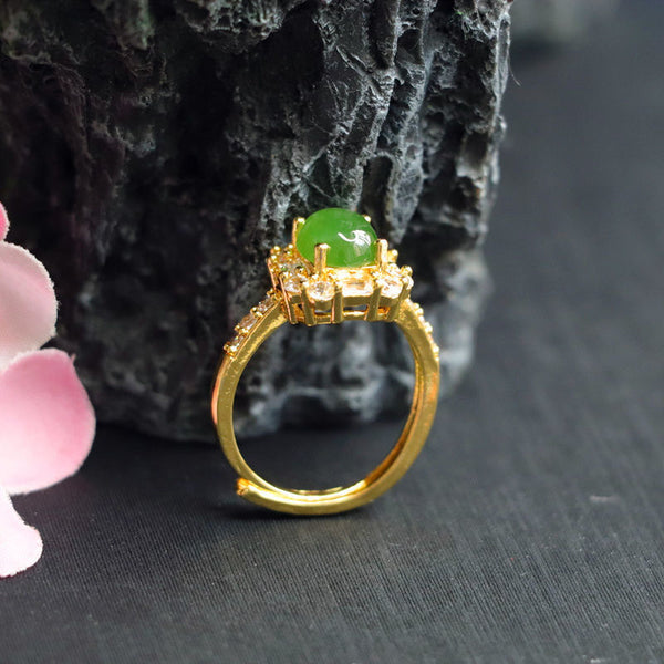 Green Jade Square Ring Women's Russian Jasper 18K Gold Diamond Setting Elegant Statement Jewelry