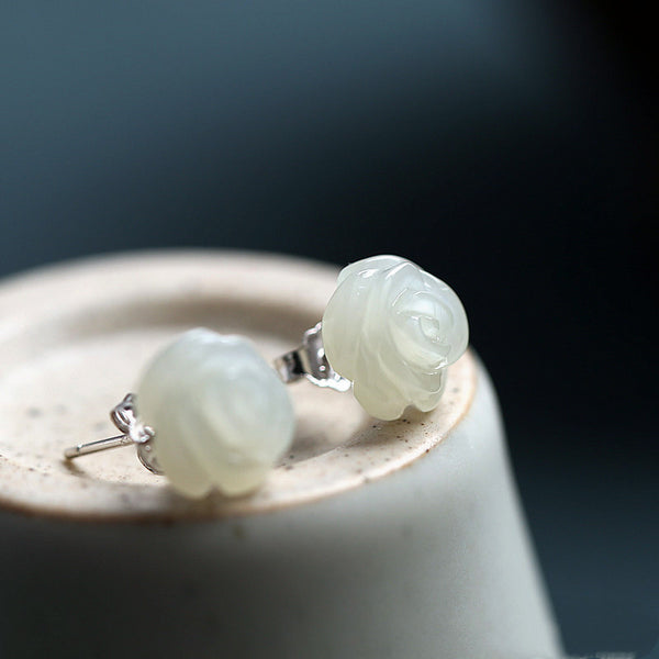 Ose Flower Sterling Silver Hetian Jade Flower Earrings | Handcrafted Oriental Zen Jewelry for Women