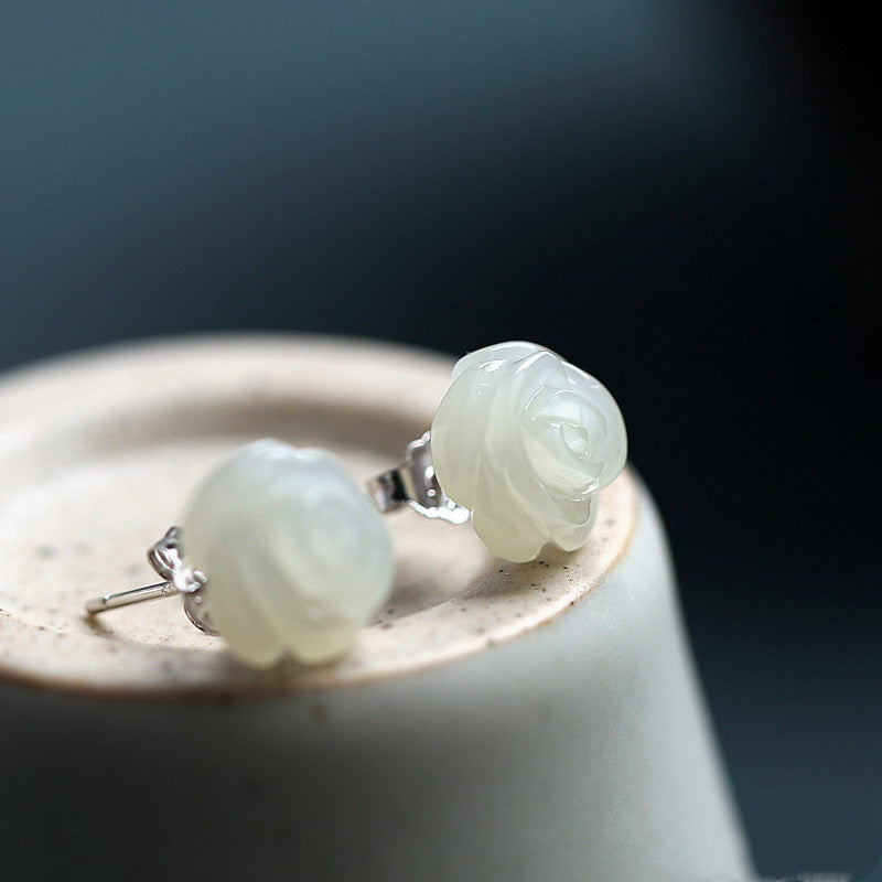 Ose Flower Sterling Silver Hetian Jade Flower Earrings | Handcrafted Oriental Zen Jewelry for Women