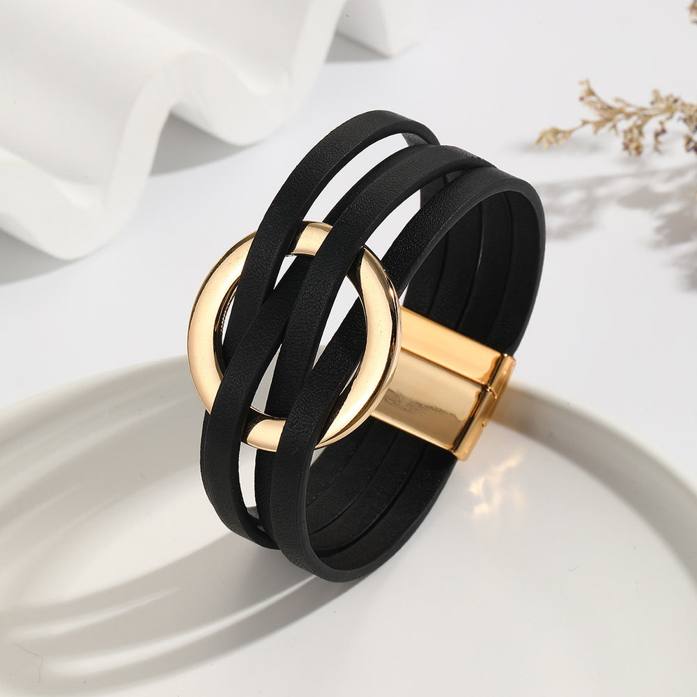 Zen Elegance Cross Leather Cuff Bracelet | Multi-Layer Metal Ring Bangle with Magnetic Snap Closure for Women