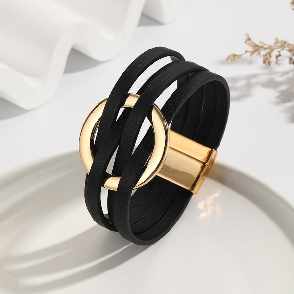 Zen Elegance Cross Leather Cuff Bracelet | Multi-Layer Metal Ring Bangle with Magnetic Snap Closure for Women