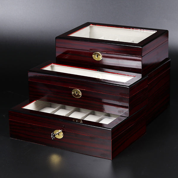 Hair Baking Lacquer Ebony Wood Grain Watch Jewelry Storage Display Box - Tiered Zen Organizer with Metal Lock | Luxury Collection Case