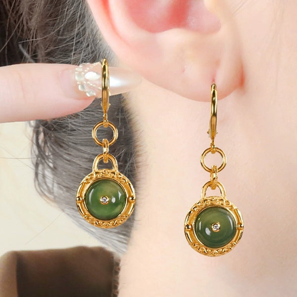 Natural Jade Peace Buckle Drop Earrings for Women | S925 Sterling Silver Long Zen-Inspired Elegant Jewelry