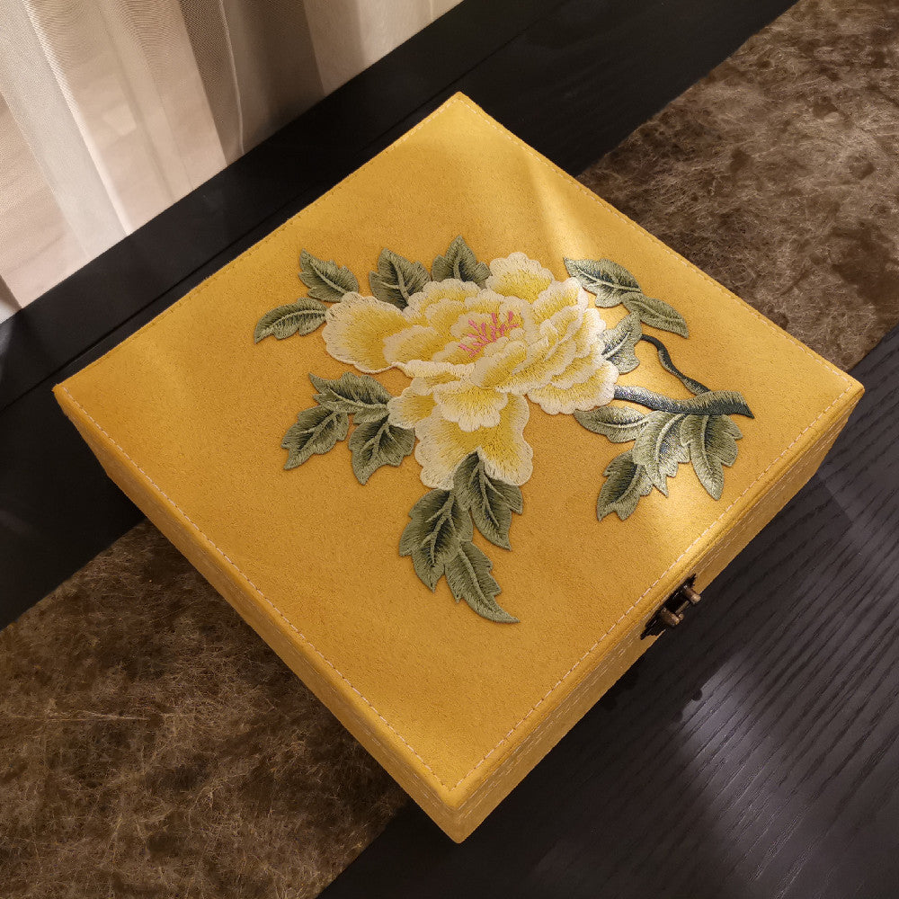 Chinese Traditional Double-Layer Flannel Jewelry Box with Peony Embroidery | Warm Yellow Zen-Inspired Storage Case