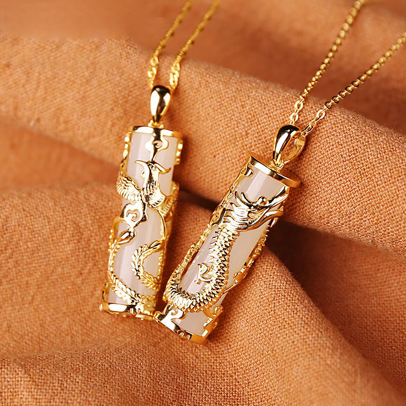 Jade Pendant Necklace - Elegant Chinese Style Dragon Phoenix Wedding Jewelry - Authentic Natural Jade Stone