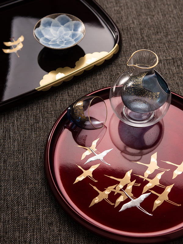Zen Artisan Lacquerware Serving Tray | Handcrafted Golden Crane Pattern | Traditional Oriental Home Decor & Fruit Display