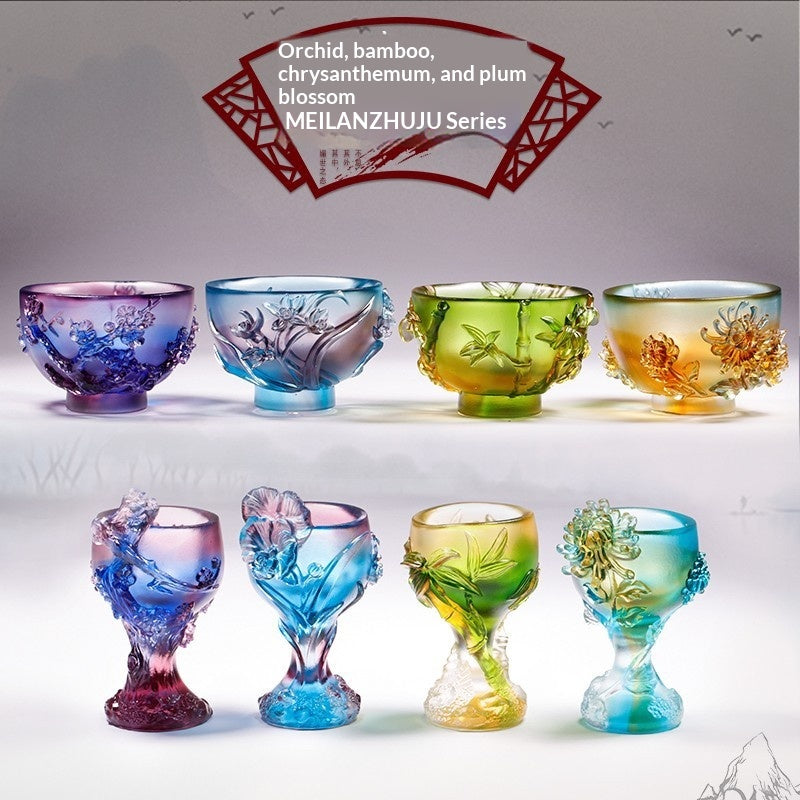 Asian-Inspired Handcrafted Glass Cup Ornament with Floral Bird Design | Vibrant Table Decor Accessory