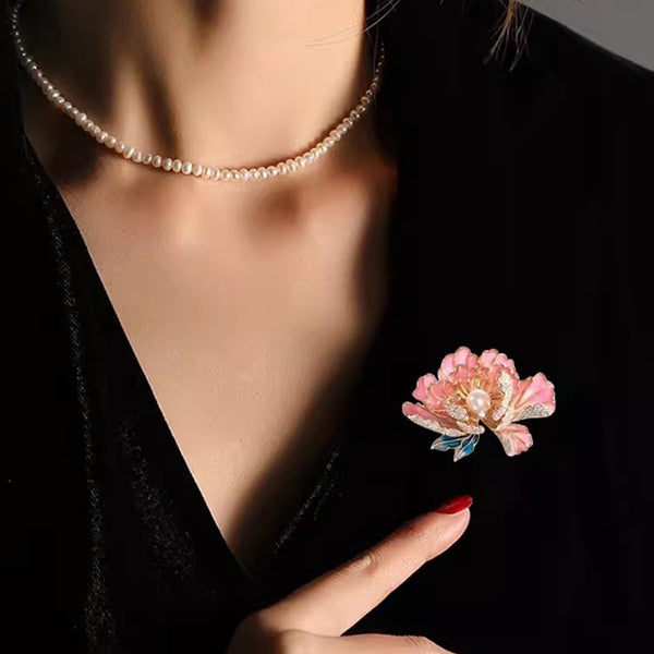 Luxury Women's Chinese-Inspired Peony Pearl Brooch – Elegant Artisan Craftsmanship