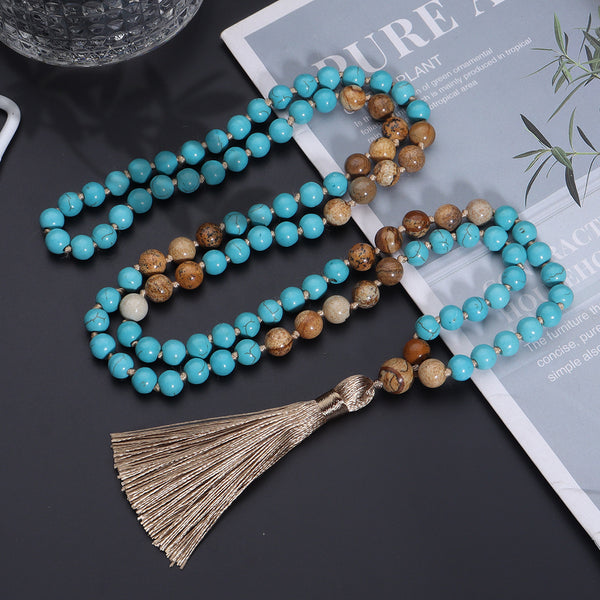 108 Mala Beads Necklace | Vintage Turquoise Stone Buddhist Prayer Necklace with Bronze Metal Tassels | Zen Meditation & Tea Ceremony Decor