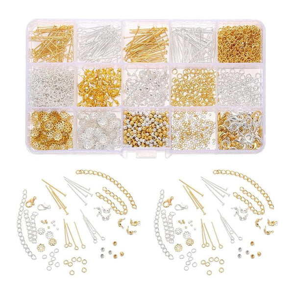 Luxury 15-Grid Gold & Silver Mixed Metal Lobster Clasp Needle Set with Nine-Character Floral Tray & Extended Chain for High-End DIY Jewelry Crafting
