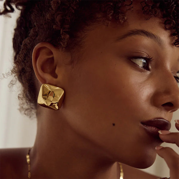 Geometric Embossed Cube Titanium Steel Earrings | Minimalist Architectural Jewelry for Modern Elegance