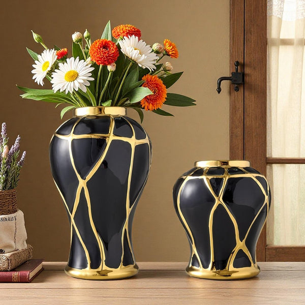 Elegant Black‑Gold Crackle Zen Vase – Handcrafted Ceramic Decor