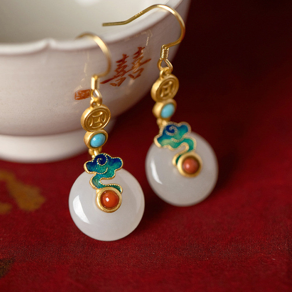 925 Sterling Silver Inlaid Hetian White Jade Zen Peace Buckle Drop Earrings | Artisan Handcrafted东方禅意 Jewelry