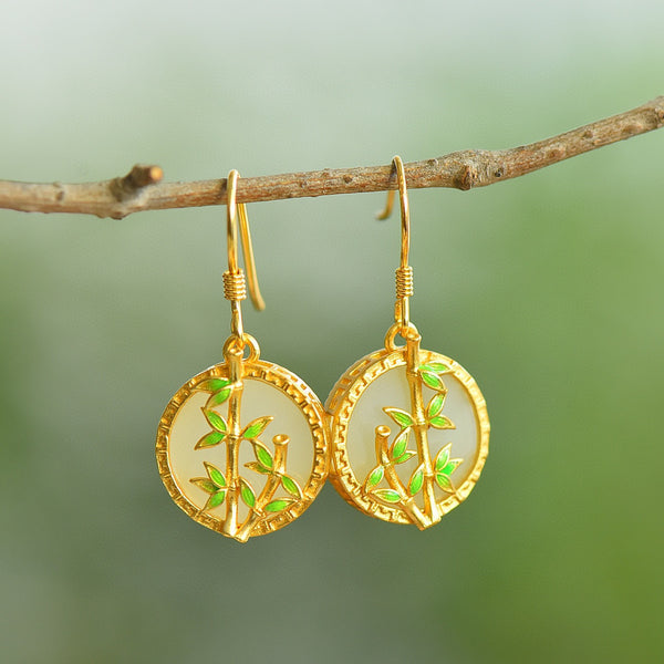 Leaf Bamboo Hetian Jade Earrings - Handcrafted Zen Aesthetic Dangle Earrings with Natural Hetian Jade & Gold-Finish Metal | Meditation & Tea Ceremony Jewelry