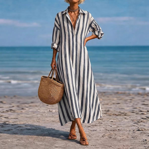 Elegant Striped Lapel Dress with Pocket Detail – Timeless Sophistication for Spring Summer 2026