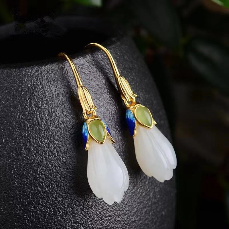Hetian Jade Magnolia Earrings Women | Natural White Jade Drop Earrings | Oriental Zen Elegance Handcrafted Jewelry