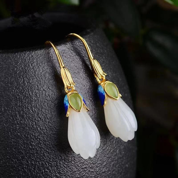 Hetian Jade Magnolia Earrings Women | Natural White Jade Drop Earrings | Oriental Zen Elegance Handcrafted Jewelry