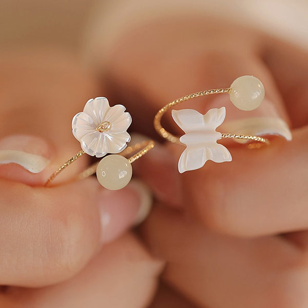 Elegant Hetian Jade Ring for Women - Flower & Butterfly Design in Authentic Chinese Jade
